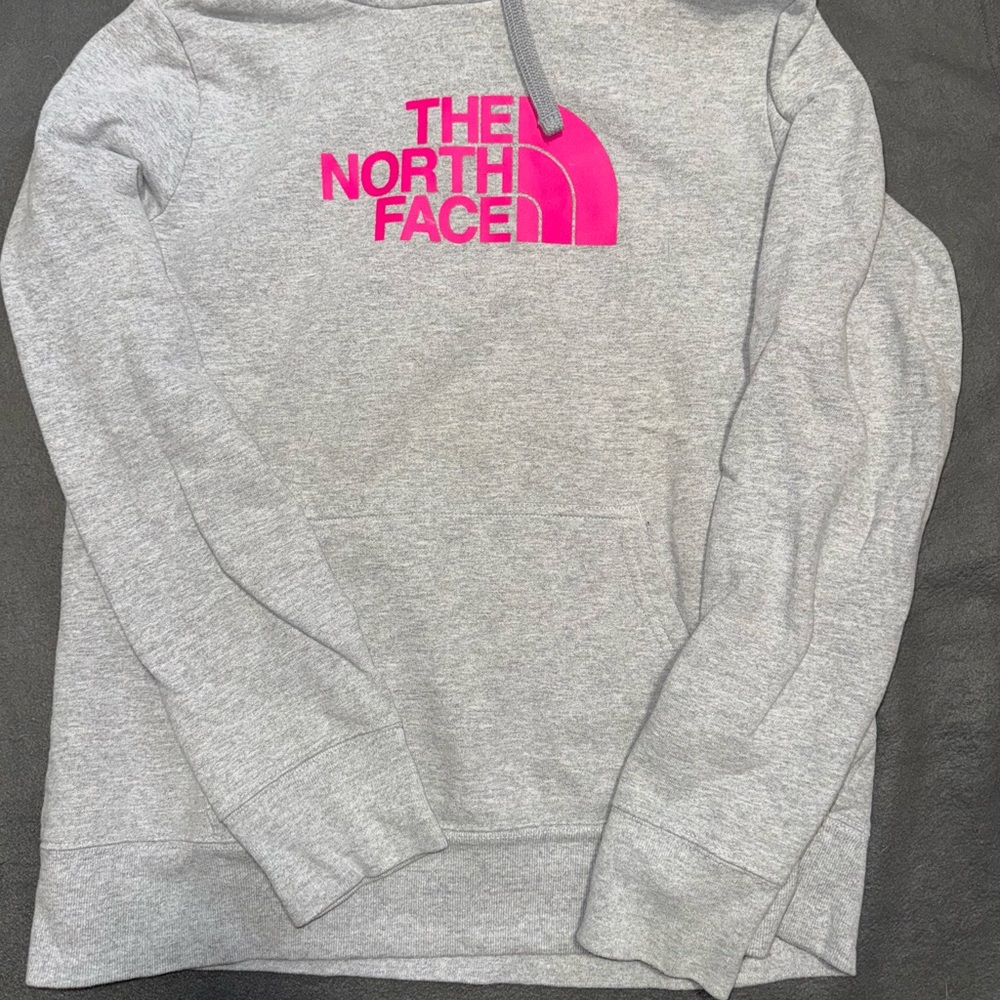 The North Face Light Gray Hoodie with Vibrant Pink Logo